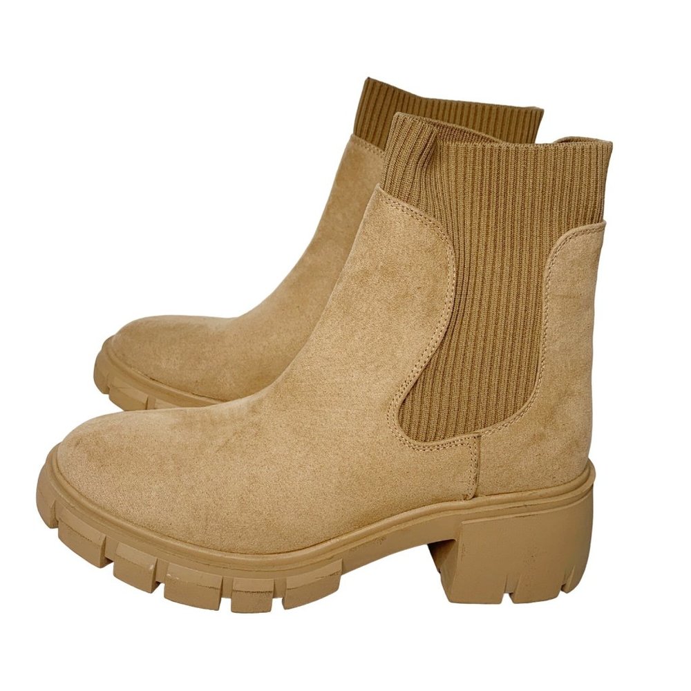 Sincerely Jules Ashville Chunky Tan Boots Bootie Knit Stretch Faux Suede 8.5